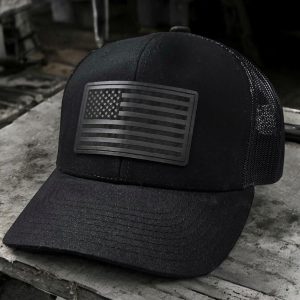 Triple Black US Flag Leather Patch Trucker Hat